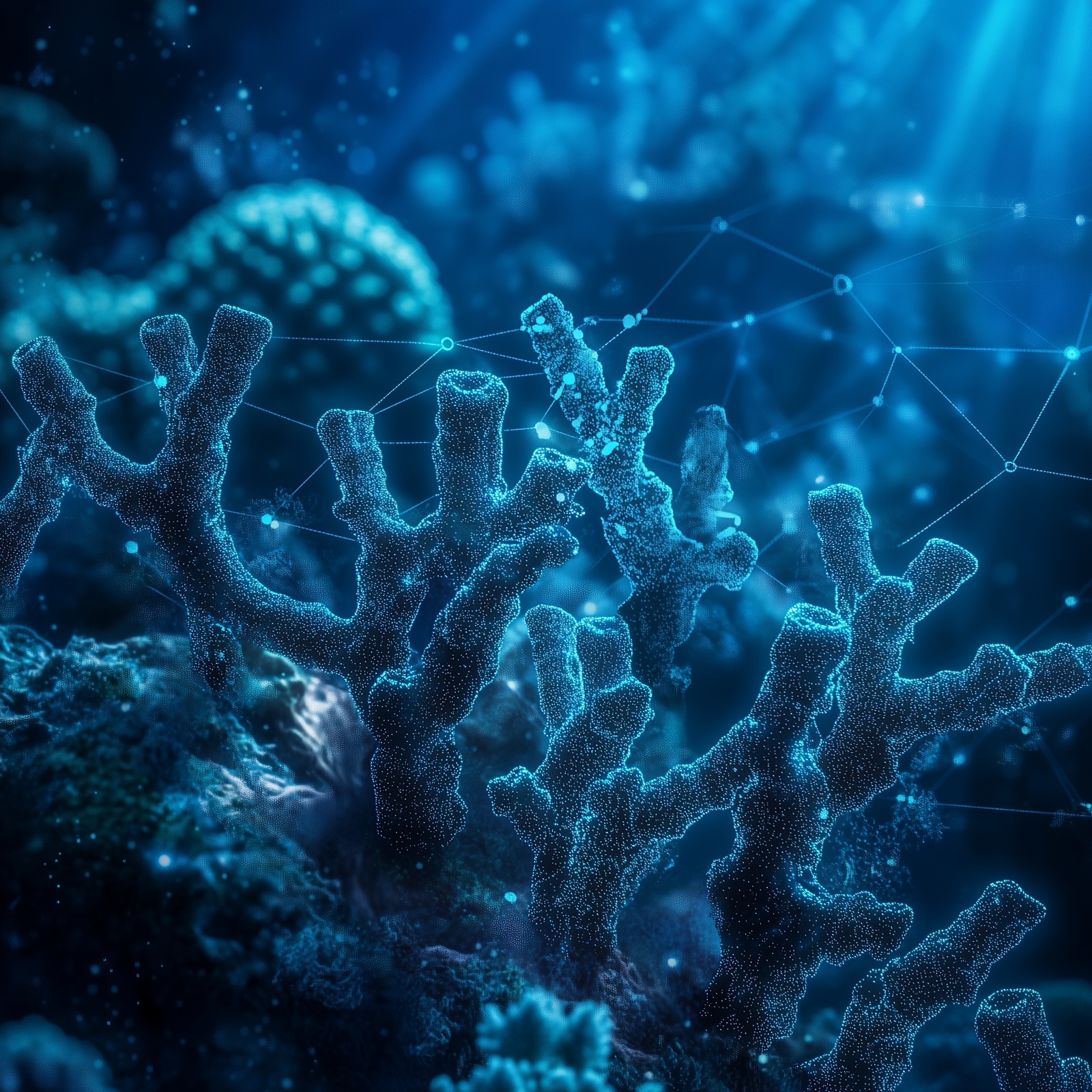 A super high-definition visualization of a blockchain network, where nodes resemble a resilient, distributed coral reef.